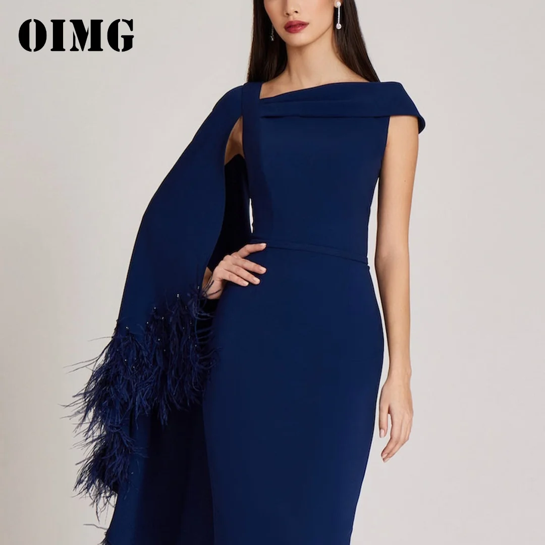 OIMG New Design Boat Neck Prom Dresses Long Sleeves Saudi Arabic Satin Mermaid Feathers Women Evening Gowns Formal Party Dress