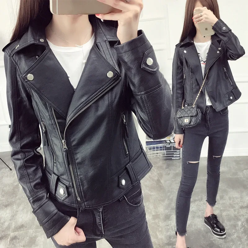 Fall Women Short Black PU Jacket Gothic Punk Style Fashion Motorcycle Leather Jacket Casual Wild Coat Goth Winter Coats