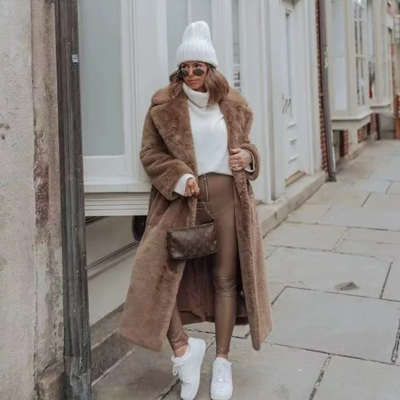 Faux Fur Women Coats Long Coat Turn Down Collar Lace Up Tight Waist Thick Warm Elegant Splice Autumn Winter Trench 2024