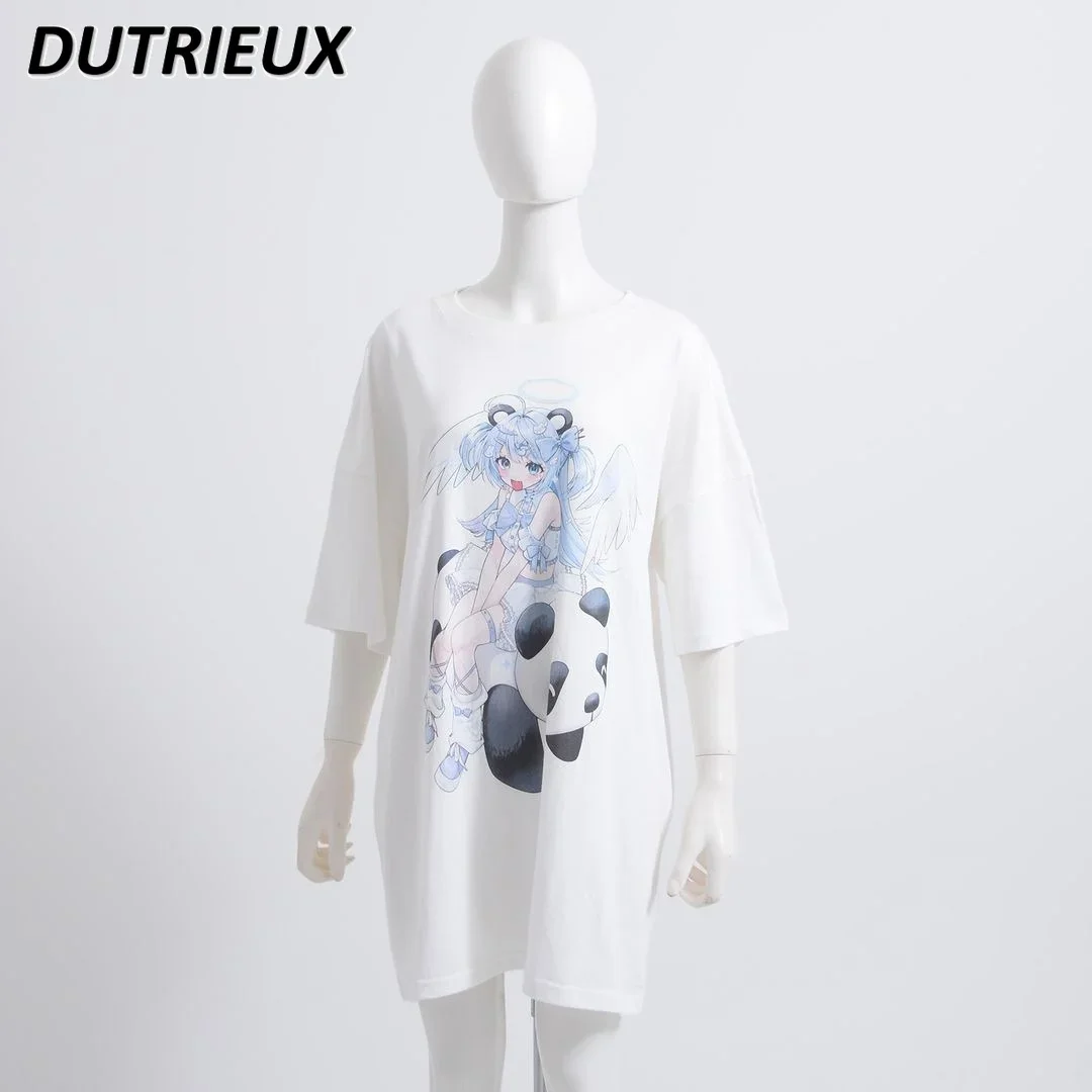 Japanese Harajuku Mine Series Subculture Cartoon Angel Girl White T-shirt Round Neck Short Sleeve Top Summer Oversized T Shirt