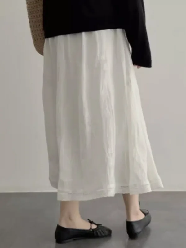 

Artistic Japanese Sle Heavy Embroidery Lace Trim A-Line Skirt Women's Spring Elastic Waist Midi Loose Casual Skirts