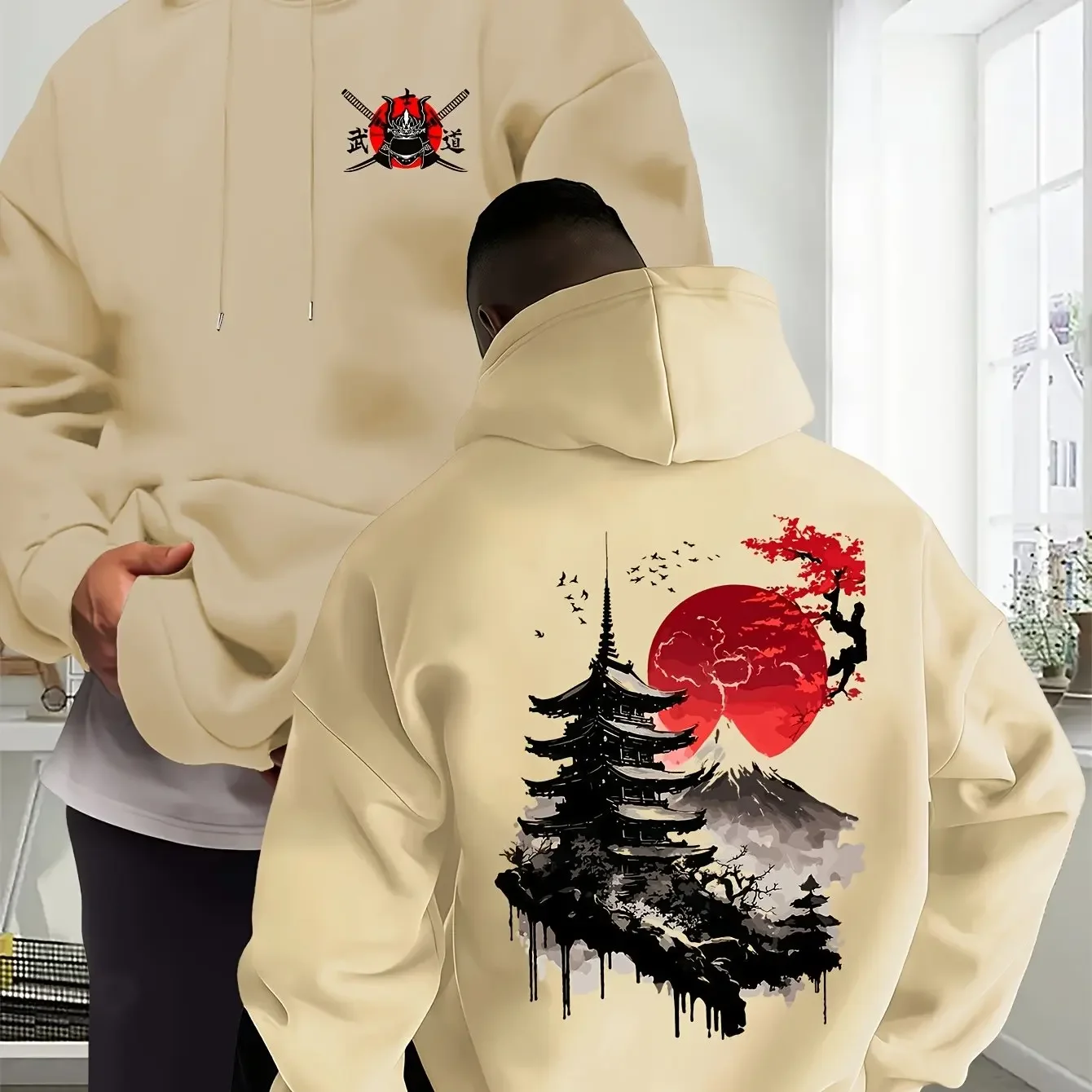 Traditional Japanese Ink‑Wash Style Mens Hooded Sweatshirt Samurai Mask Mountain Scenery Front‑Back Print Black Hoodie