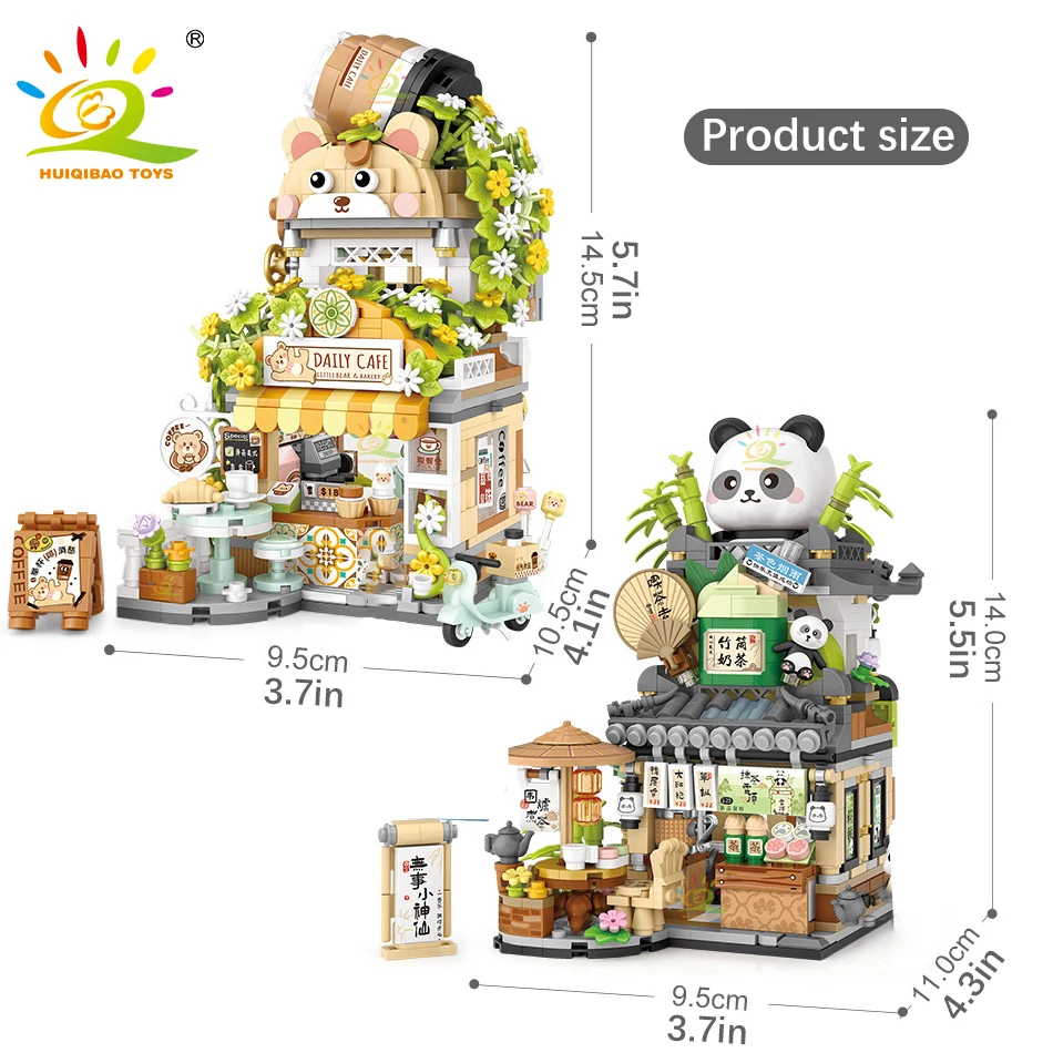 HUIQIBAO City Mini Street View Panda Tea House Model Building Blocks DIY Little Bear Coffee Shop Bricks Toys for Children Adult