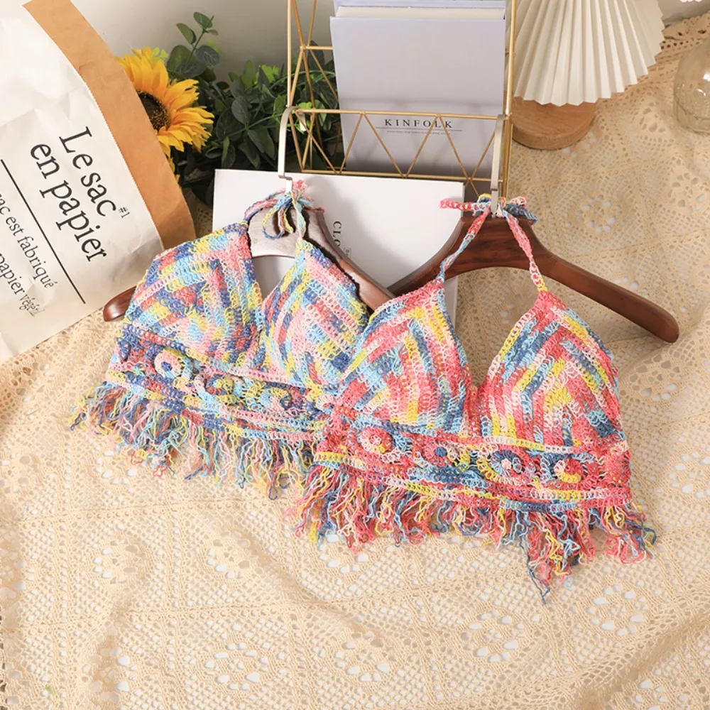 Summer Clothing Bikini Lace Halter Cotton Fashion Boho Bustier Sexy Crop Tops Hollow Crochet Tanks Women Tassel Camisoles