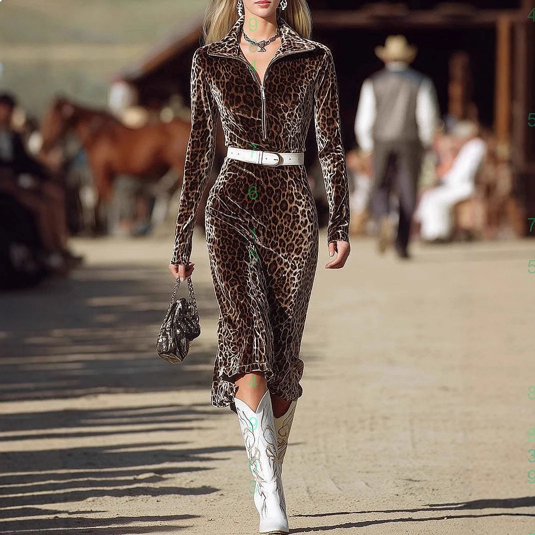 

Sexy Leopard Print Dress with Half Zip Collar Belted Dresses Spring Summer Fashion Bodycon Jumpsuit