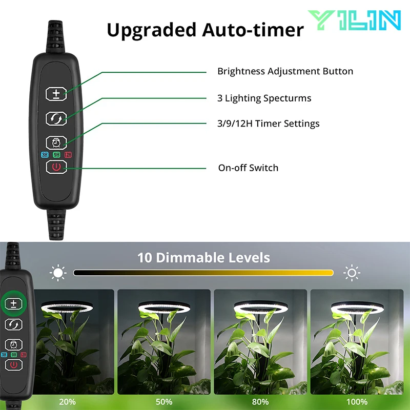 16cm/6.3 polegada conduziu a planta cresce a luz espectro completo crescente lâmpada altura ajustável com 3-9-12 temporizador de ligar/desligar automático para plantas de interior