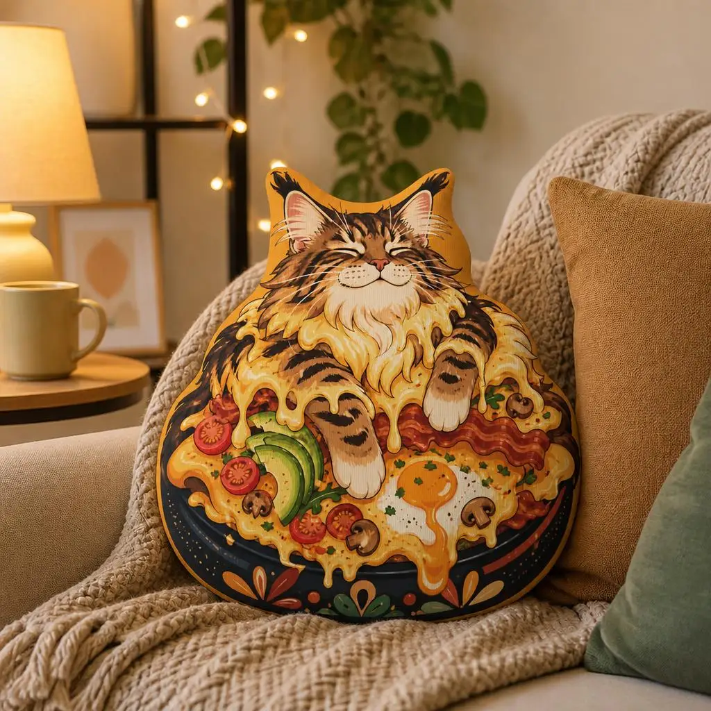 Cojín decorativo con forma de gato Maine Coon y diseño de pizza, ideal para amantes de la comida, cojín de peluche, cojín decorativo para sofá, decoración del hogar, regalo para amantes de los gatos.