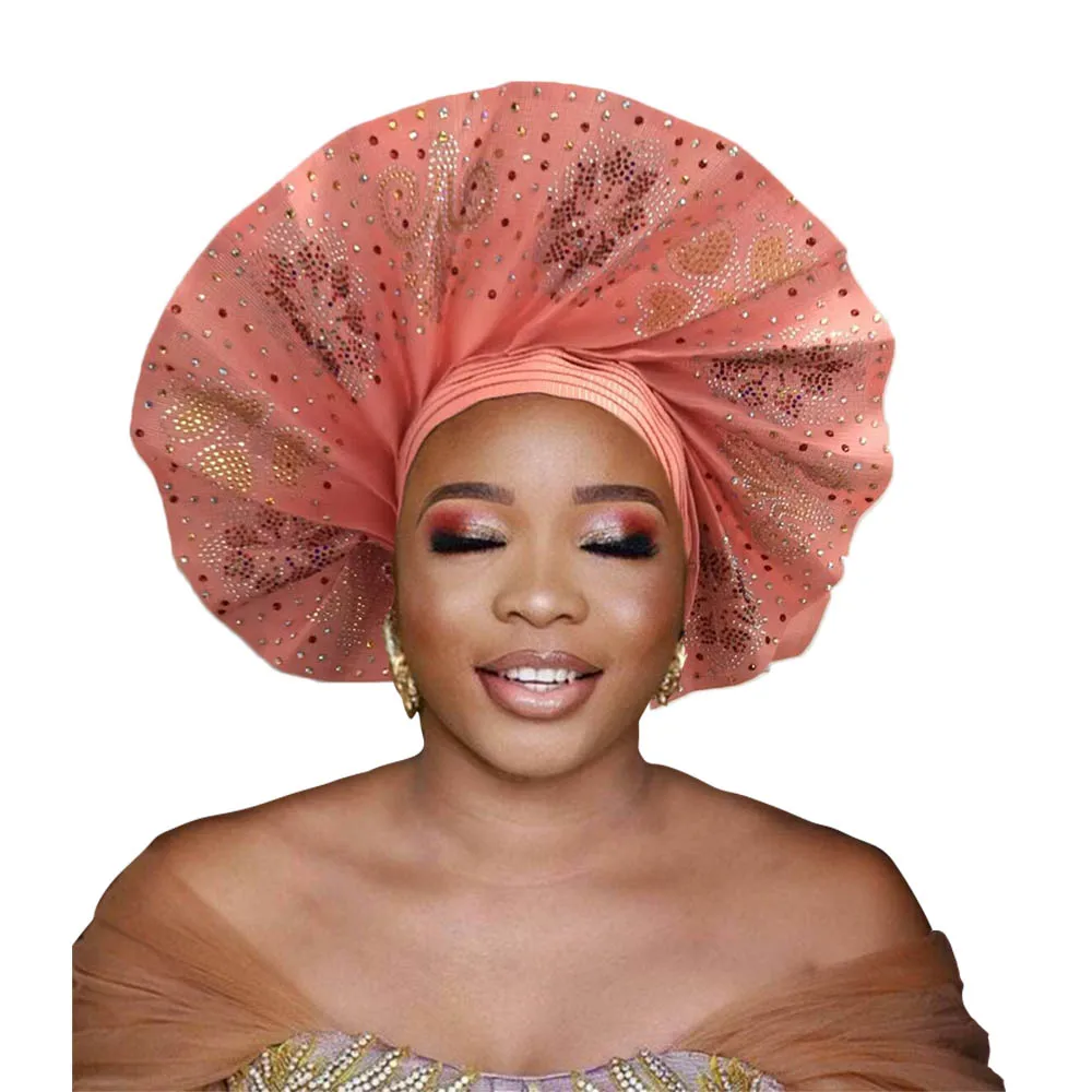 Gele automático africano para boda tradicional Nigerial Aso Oke Fan Shap Headwear