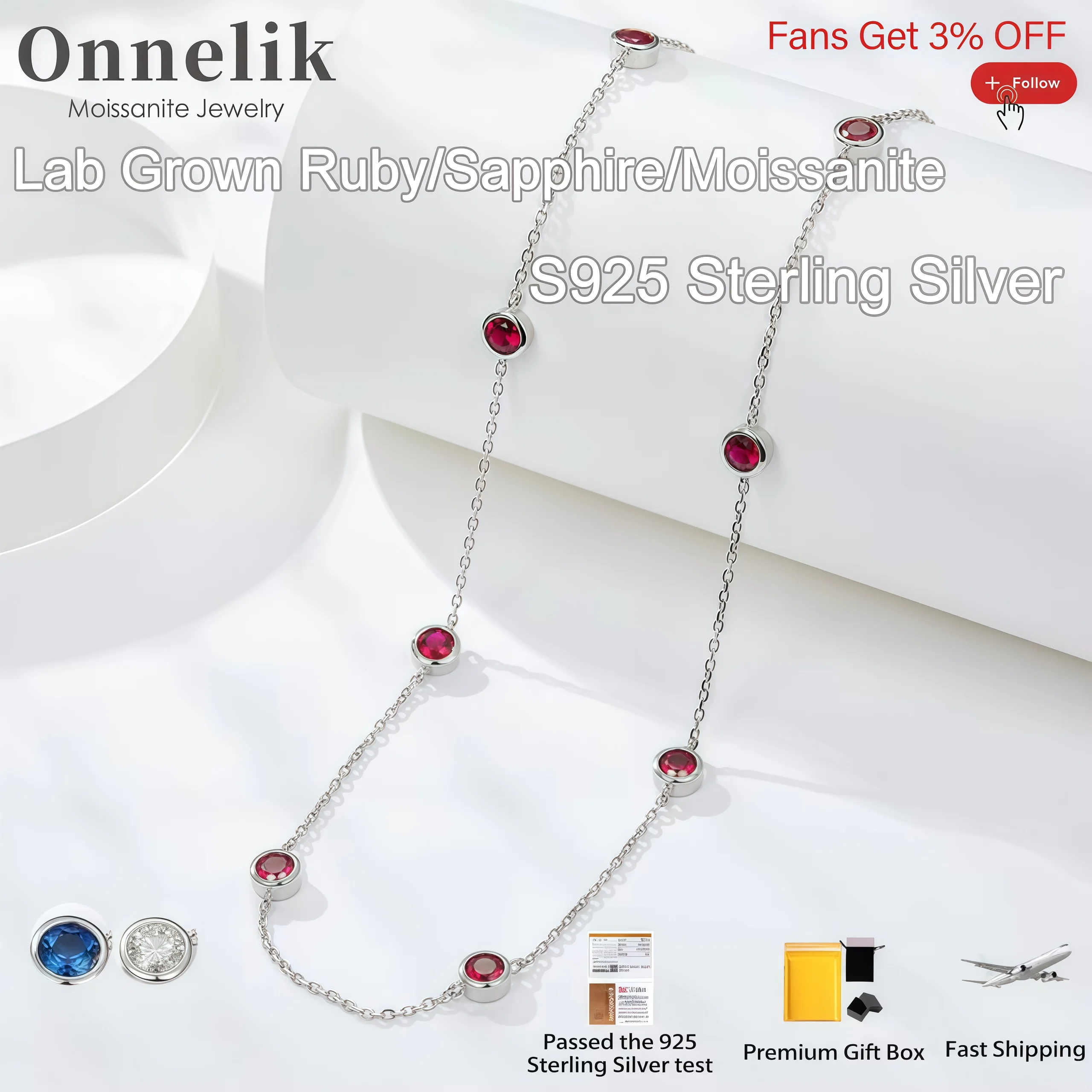 

Onnelik Full 4mm Lab Grown Ruby/Sapphire/Moissanite Bubble Necklace 100% S925 Sterling Sliver for Women Fine Jewelry Gifts