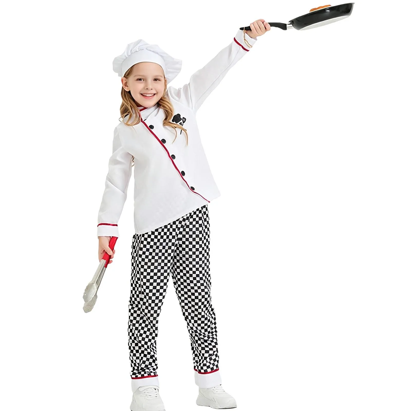 Unisex Kids Boys Girls Chef Themed Costume Long Sleeve Print Tops with Hook and Loop Fastener Plaid Pants Hat Three-piece Set
