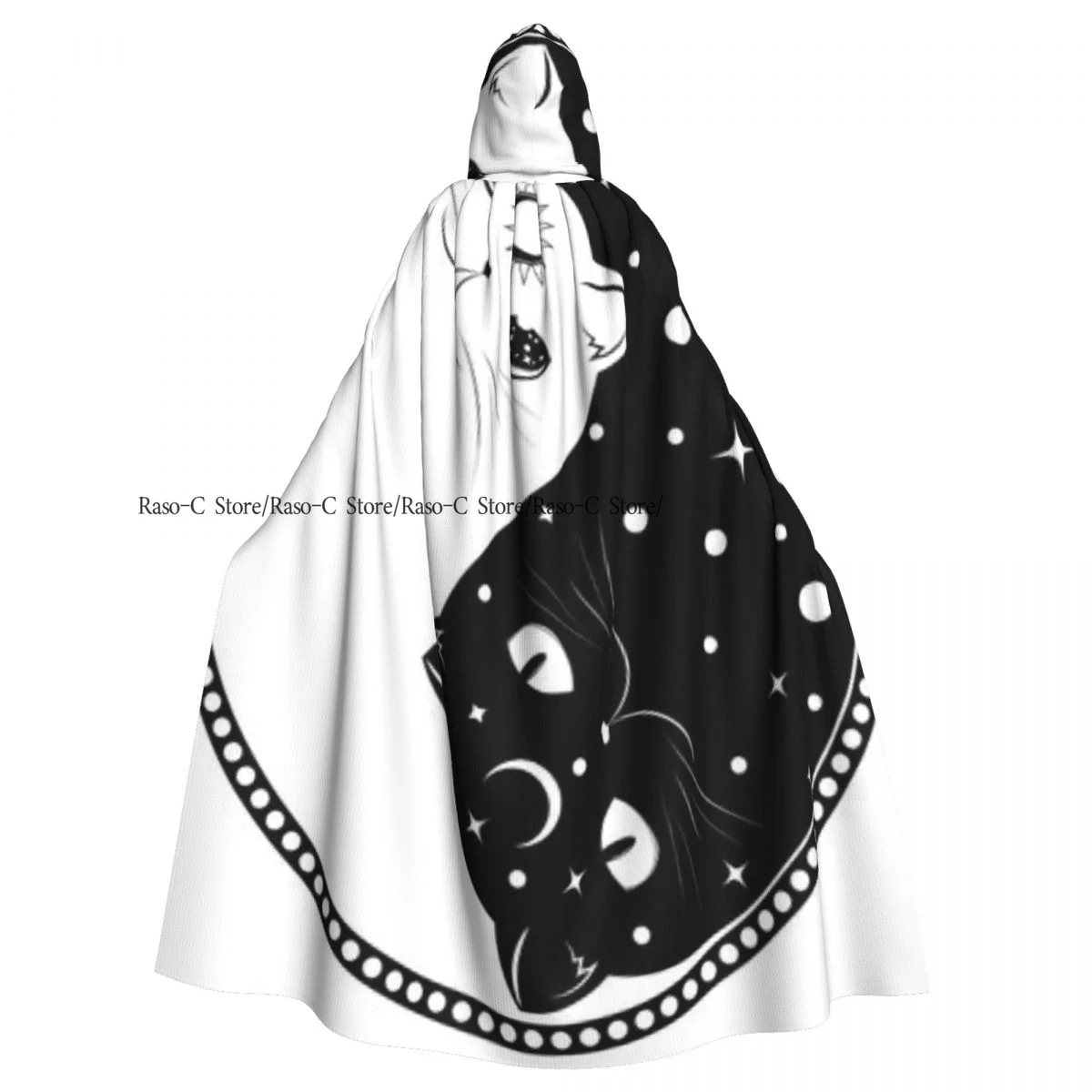 Cute Black And White Cats Yin Yang Sign Hooded Cloak Polyester Unisex Witch Cape Costume Accessory