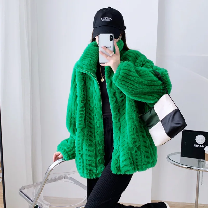 Cappotto di pelliccia verde donna sciolto Casual 2022 inverno nuova tendenza moda risvolto manica lunga giacca di colore solido femminile