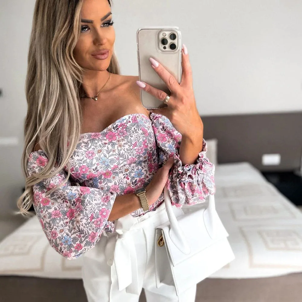 Women Sexy Top Summer Off Shoulder Floral Blouses Women 2022 Boho Casual Backless Blouse Female Holiday Slash Neck Tops Clothing