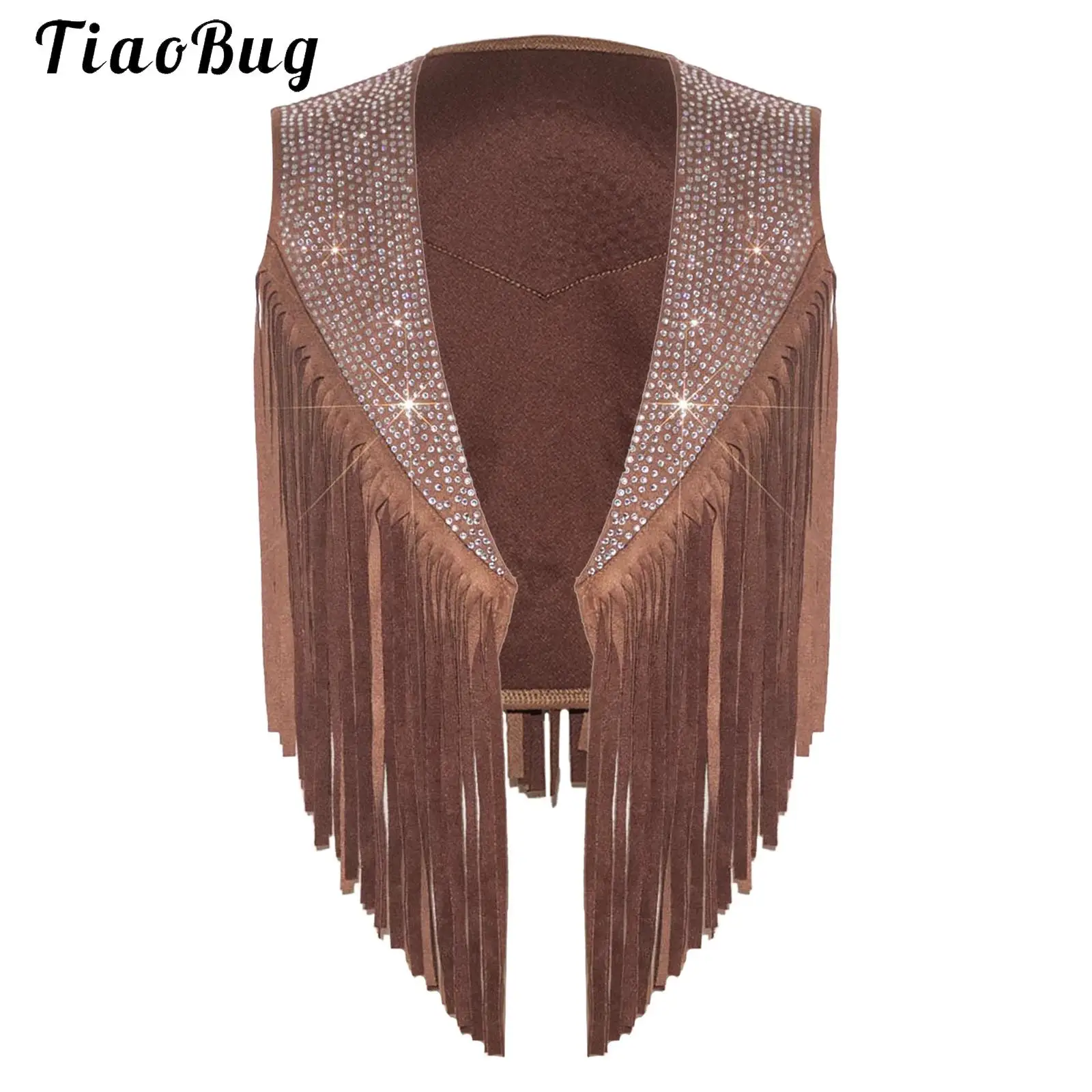 Kids Girls Western Cowboy Costume Carnival Cowgirl Tassels Fringe Vest Rhinestones Halloween Suede Open Front Waistcoat Dress Up