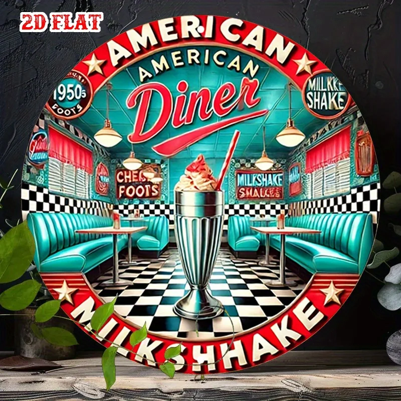 7.87x7.87 Inch 1950s American Diner Milkshake Graphic 2D flat Round Metal Tin Sign Retro Restaurant Wall Decor For Cafe Bar