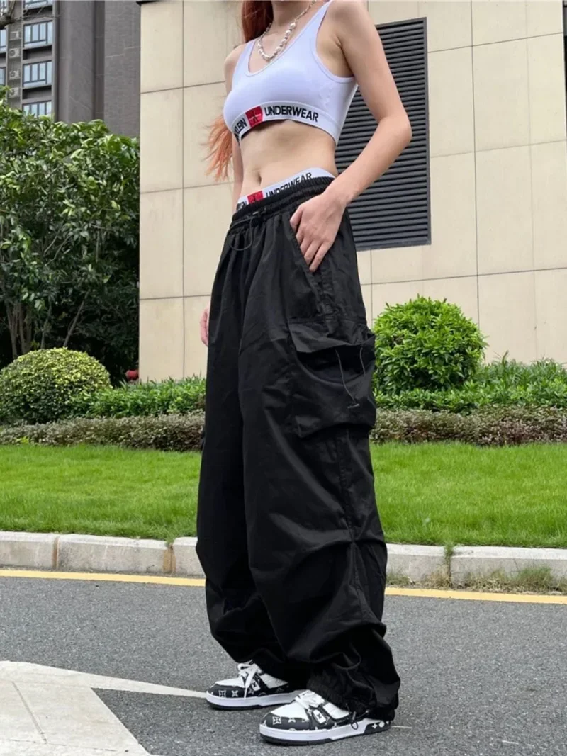 Pantalones negros de paracaídas coreanos para mujer, ropa de calle, pantalones Cargo con bolsillos de gran tamaño, pantalones de chándal holgados de pierna ancha Harajuku Y2k