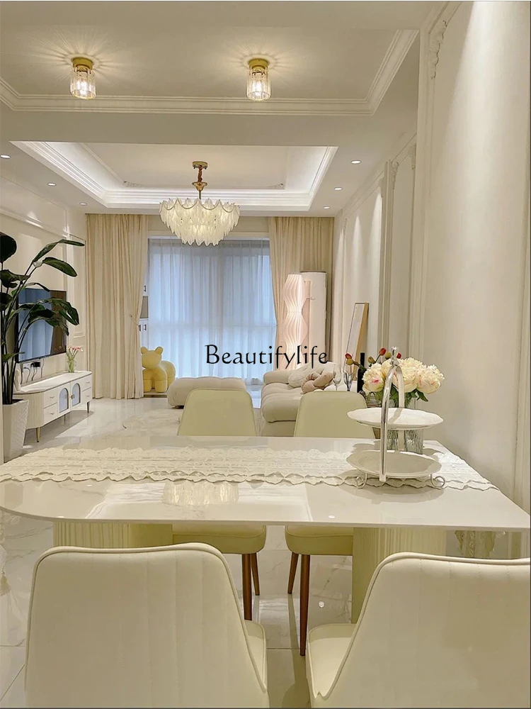 French Entry Lux Style Bright Stone Plate Dining Tables and Chairs Set Oval Simple Modern White Table