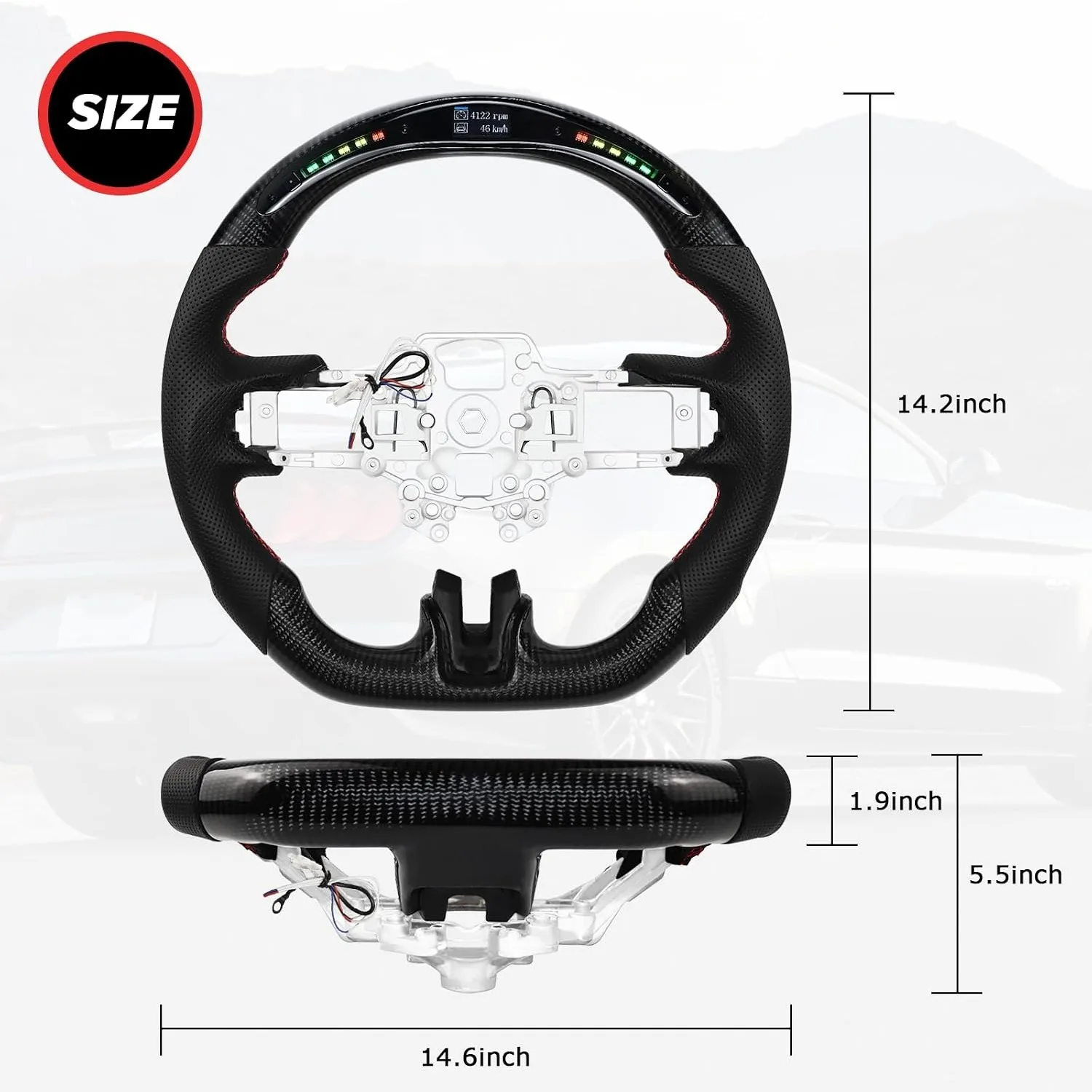 Real Carbon Fiber Steering Wheel For Ford Mustang V6/GT/Shelby GT500 2018-2023 Perforated Leather LED Display Shift Indicator
