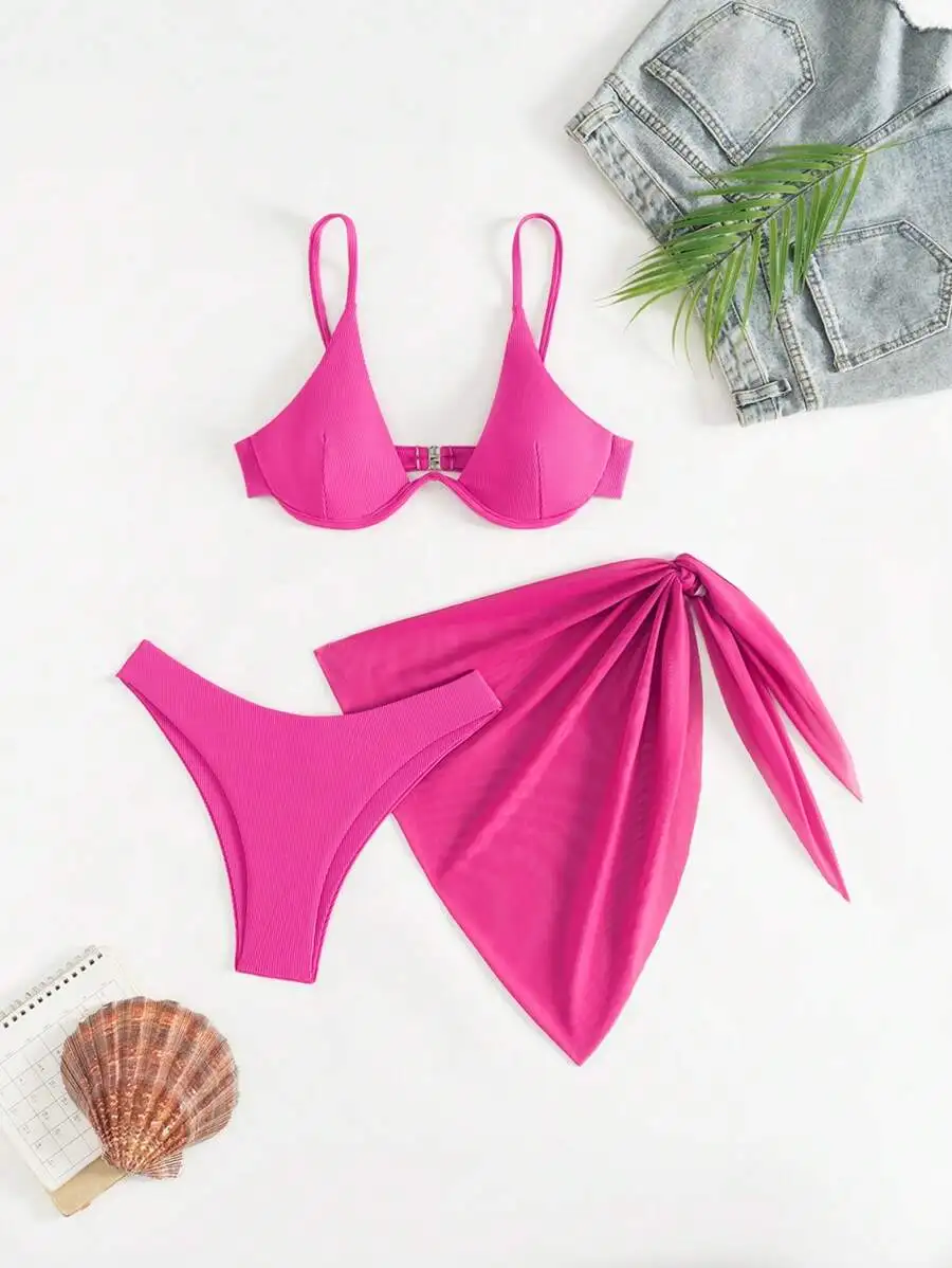 

Women 3 Piece Solid Color Wire Bra Swimsuit With Wrap Sarong Beach Set