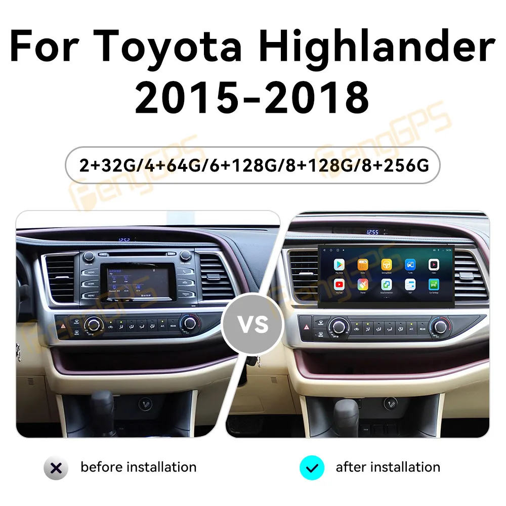 

12,3-дюймовый автомобильный радиоприемник Android 14, CarPlay для Toyota Highlander 2015-2018, мультимедийный плеер с сенсорным экраном, GPS-навигация, головное устройство