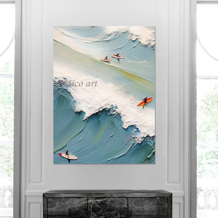 Figure Abstract Canvas Hand Painted Kindergarten Wall Decoration 3D Sea Wave Knife Art Picture Unframed Thick Acrylic Artwork