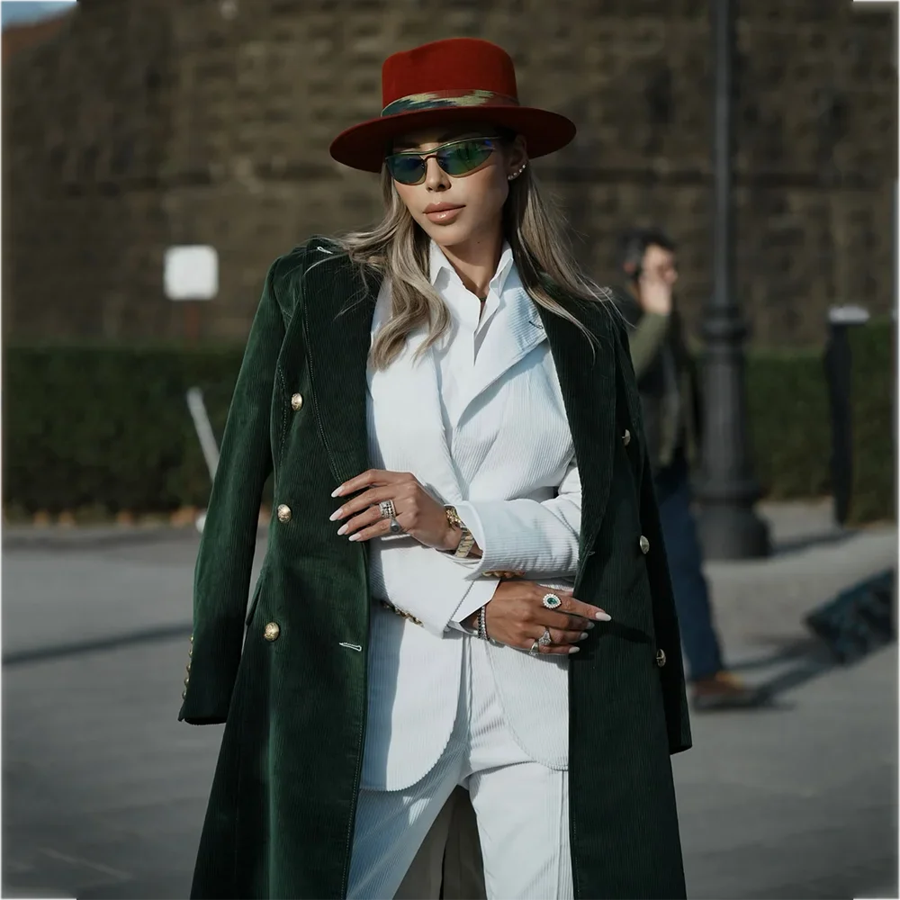 Elegant Corduroy Women's Suit High Quality Gold Button Peak Lapel Slim Fit Vintage Elegant Female Outfit(Long Coat+Blazer+Pants)