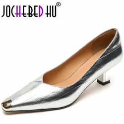 【JOCHEBED HU】Women Genuine Leather Pumps Square Toe Thick High Heels Concise Ladies Fashion Career Shoes Spring Autumn 34-41