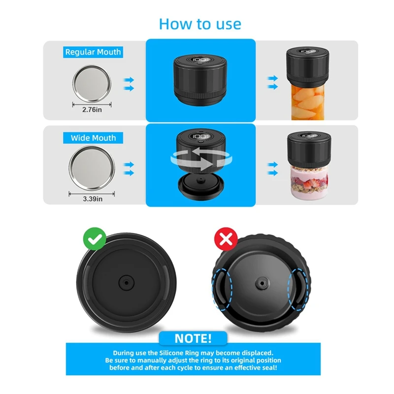 جرة ميسون كهربائية طقم سدادة فراغية ، سدادة أوتوماتيكية متعددة الوظائف لتخزين الطعام ، برطمانات ماسون بالفم