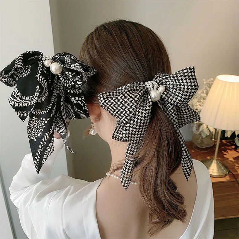 

The New Bow Hairclip Women Girls Pearls Pendant Hairpin Summer Houndstooth Hairpin Chiffon Hair Clip Big Ribbon Bow Barrette