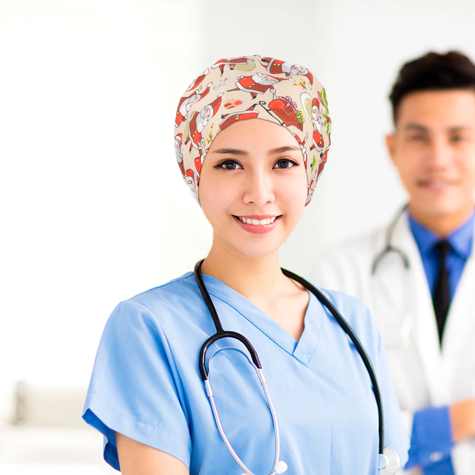 

Christmas Printed Sweat Absorbing Cotton Hat Button Design Room Cap Work Headdress Mask Holder Xmas Pattern