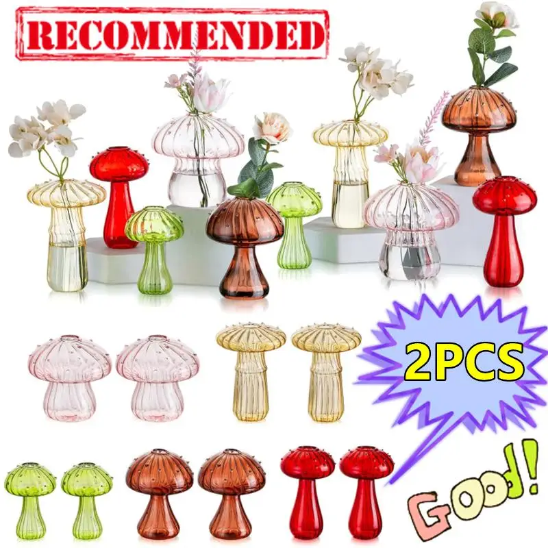 New 2/1PC Mushroom Glass Vase Mini Flower Pot Hydroponic Vases for Flowers Dried Flower Arrangement Bottle Vase Home Room Decor