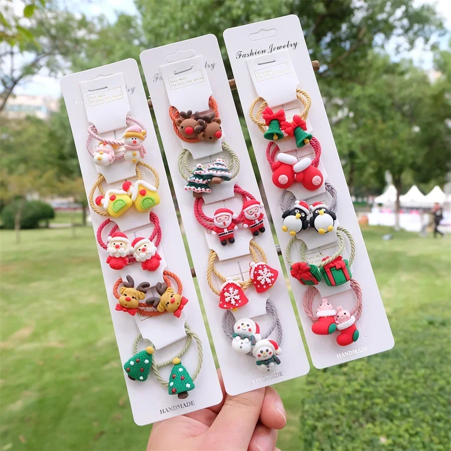 Christmas Tree Snow Man Elk Ponytail Holder Rubber Bands For Baby Girls Kids Cute Hair Ropes Headwear Children Hair Accessories