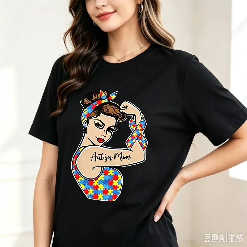Autism Mom T Shirt Women Strong Girl Puzzle Print Modal Tee Casual Short Sleeve Tops Autism Awareness Family Support Gift