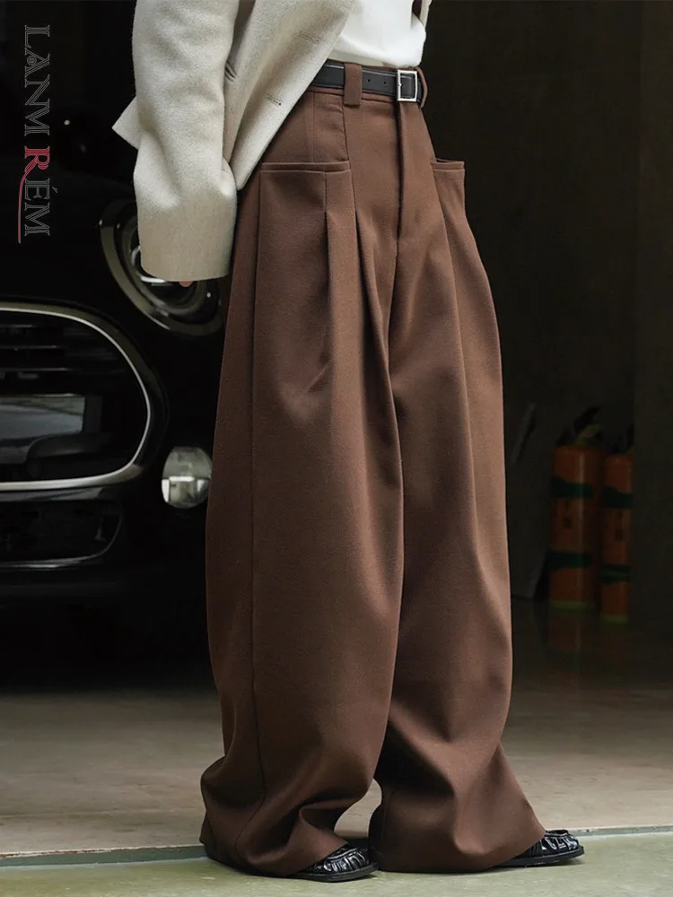 LANMREM Korean Style Fashion Double Pleated Design Wide Leg Trousers Loose High Waist Pants Office Lady Clothes 2025 New 2DB1812