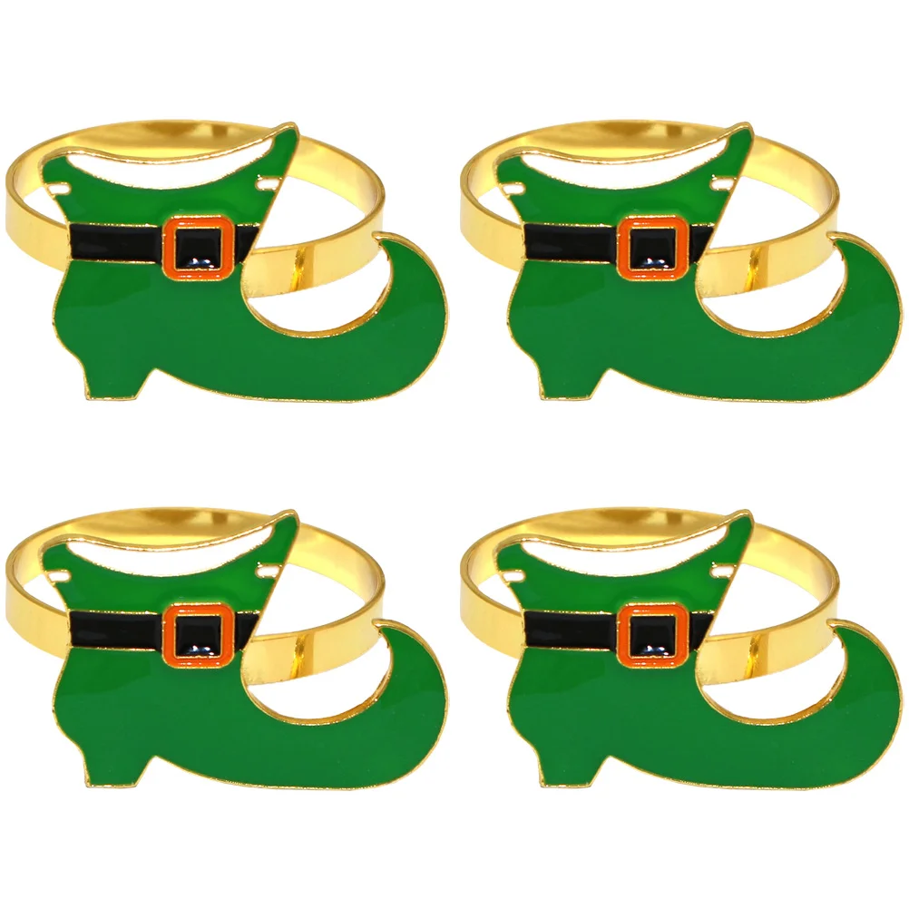 

4Pcs Shamrock Napkin Rings Metal Shoe Shaped Holders for Holiday Table Decor St Patrick's Day Party Dining Napkin Ring Set