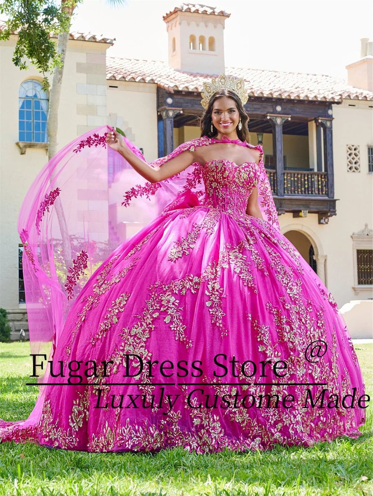 

Розовые пурпурные платья Quinceanera, наклейка с блестками, юбка-накидка с длинными рукавами, съемная накидка и рукава-пузырьки, платья для niñas