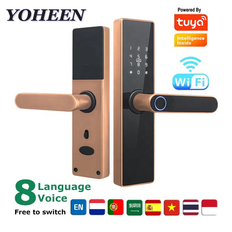 Security Biometric Fingerprint Smart Door Handle Tuya Wifi Electronic Serrure Intelligente Card Key Wood Door Lock for Home