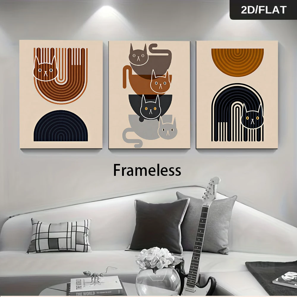 (3PCS Unframe)1 set of modern minimalist geometric cat triptych frameless decorative paintings (2D flat)