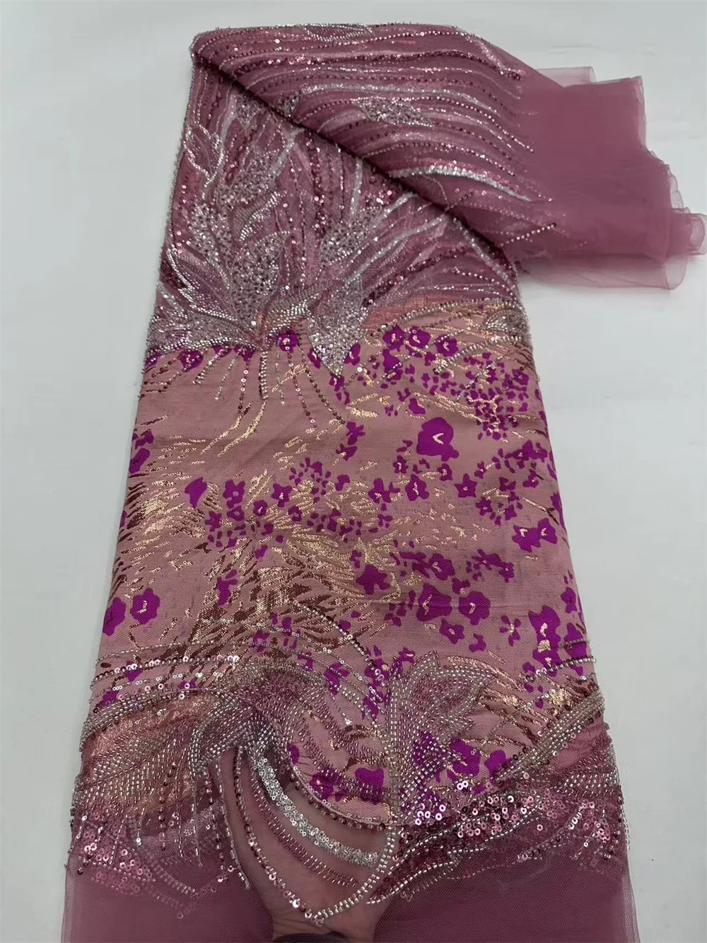 

Luxury African Heavy Bead Lace Fabric High Quality 5 Yards Nigerian Sequin French Tulle Fabric Material For Wedding Party W675-1