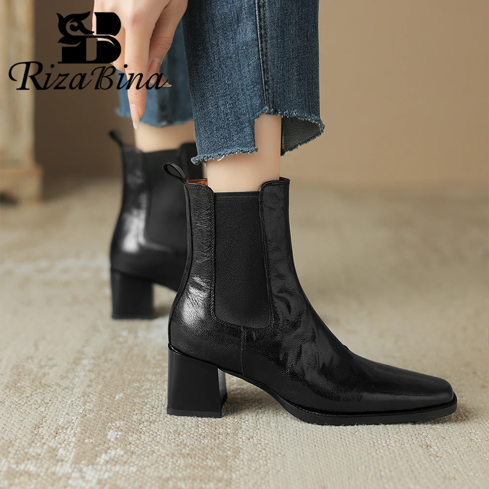 

RIZABINA Woman Chelsea Boots Fashion Pointed Toe Chunky Heel Slip On Ankle Boot Ladies Winter Elastic Band Non-slip Short Boots