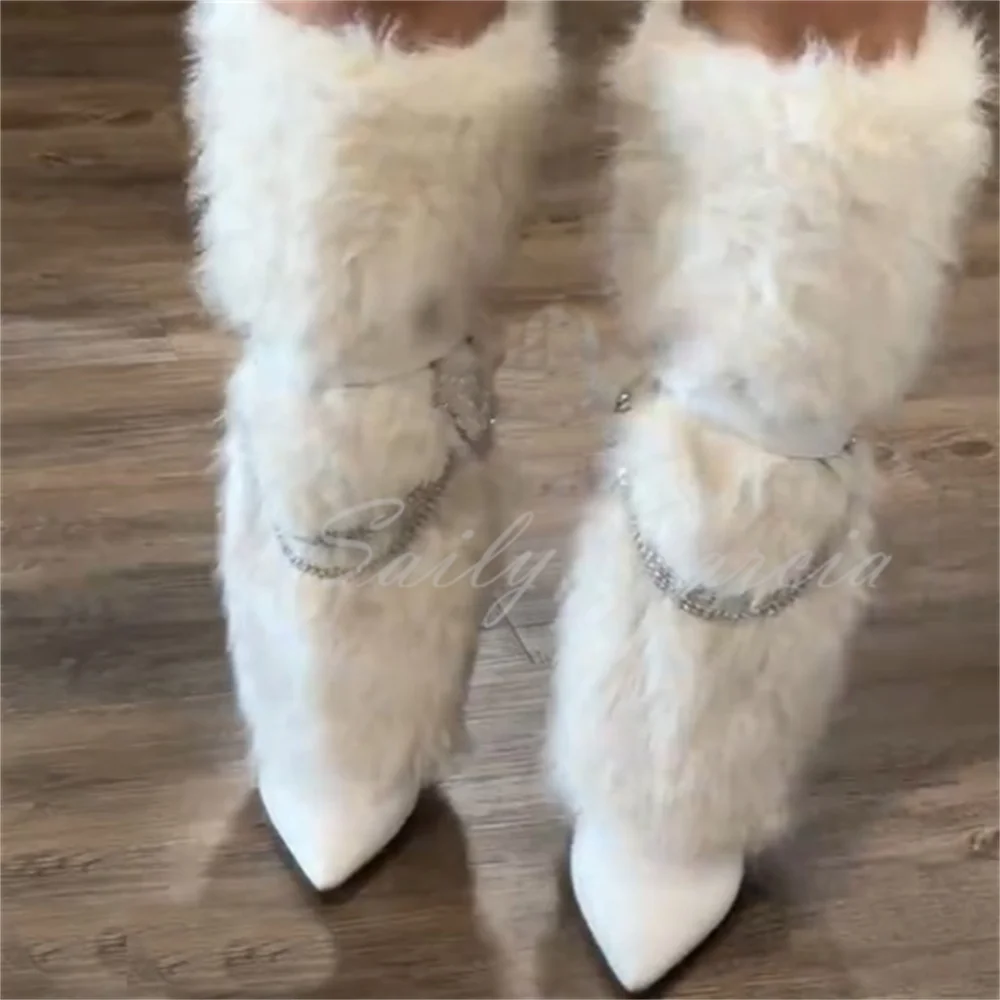 White Faux Fur Knee Boot Women Winter New Sexy Pointed Toe Stiletto Heel Crystal Chain Decor Side Zipper High Heel Long Boot