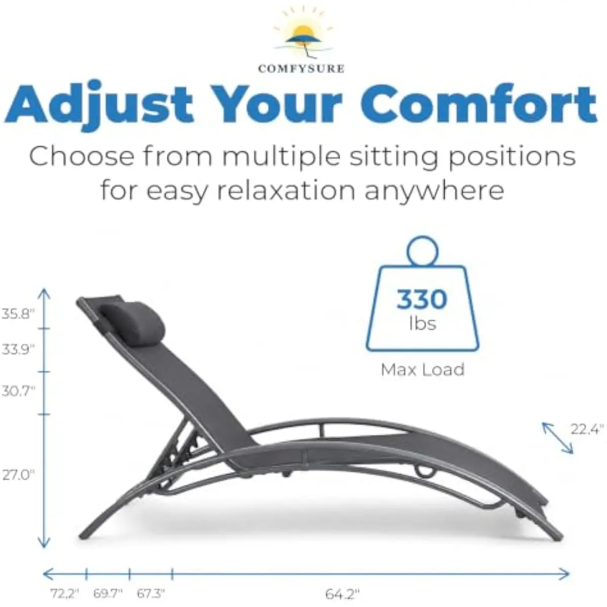 Aluminum and steel chaise loungers set of two, 4-way reclining backrests, ergonomic S-curve frame, removable headrest pillow, st