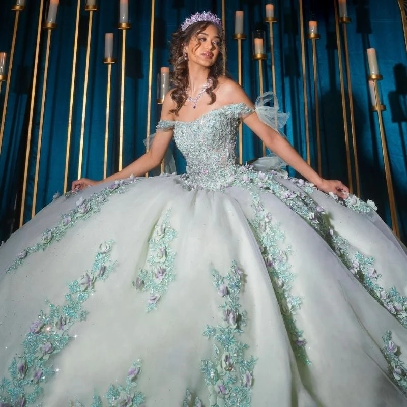 

Мятно-зеленые блестящие платья принцессы Quinceanera с открытыми плечами, ручная работа Wer, аппликация из бисера, тюлевой корсет Sweet 16, Vestido De 15 Anos