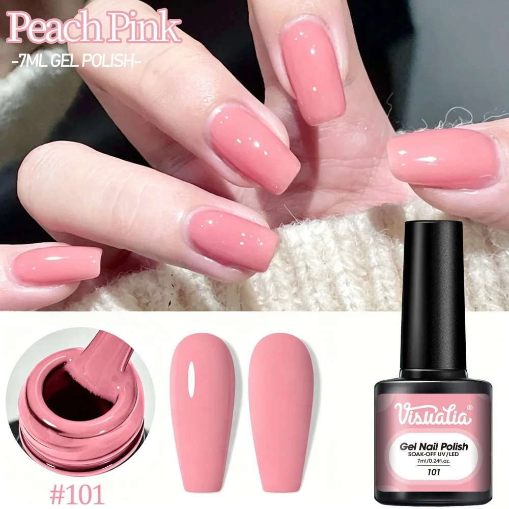 Visuatia 7ml Peach Pink Nail Gel, UVLED Removable Phototherapy Gel. Bright and soft peach pink, rich color, easy to soak off, not easily worn out, nail art, easy to create fresh and sweet manicures, a must-have for nail art enthusiasts