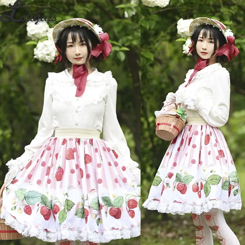 Sweet Short Pink Skirt Mori Girl Strawberry Printed A line Lolita Skirt