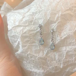 Korean High-end Blue Water Drop Zircon Earrings Niche Light Luxury Versatile Stud Earring Shiny Crystal Jewelry Accessories