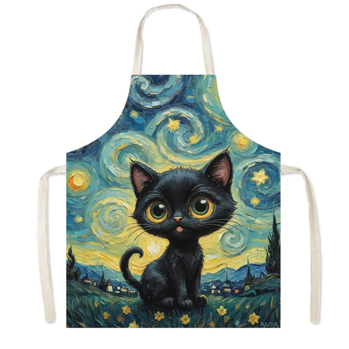 Van Gogh Black Cat Print Kitchen Aprons Oil Painting The Starry Night Home Cleaning Clothing Linen Pinafore Waiter Cooking Apron