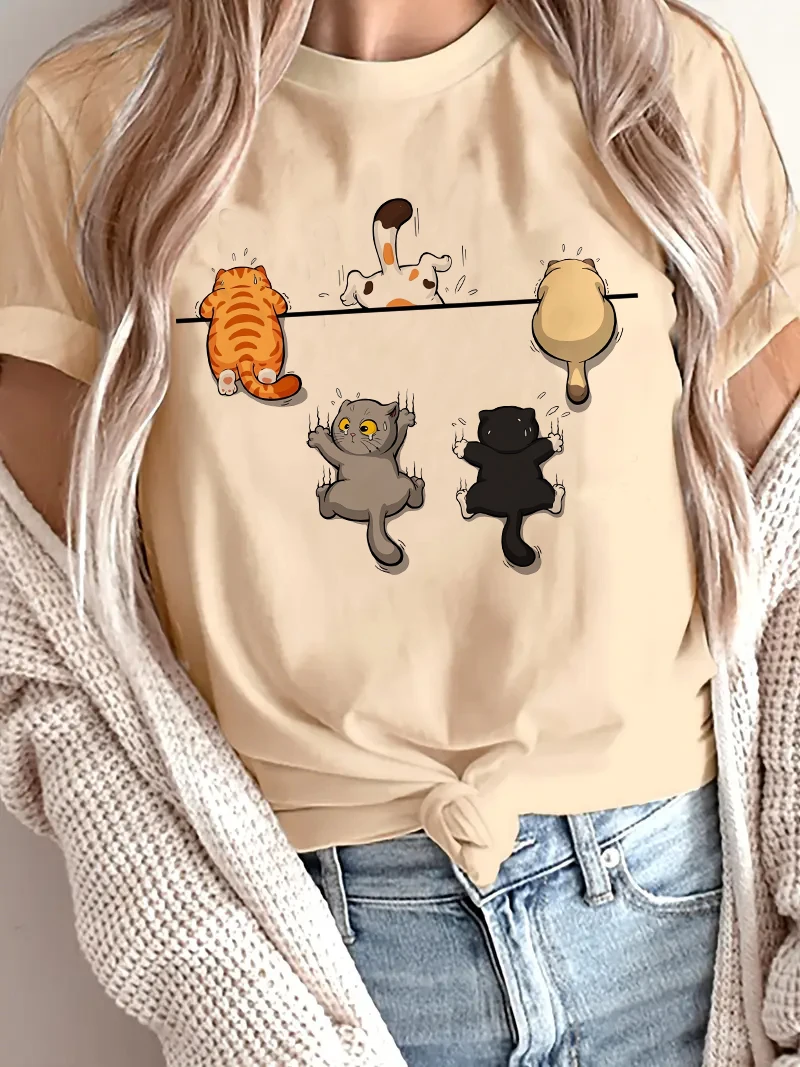 Kawaii Playful Cat Print Casual T-Shirt Graphic Print Design Round Neck Tee Spring Summer T Shirt Harajuku Clothing Women Girls