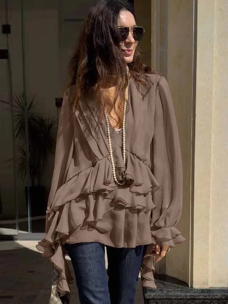 

BKQU Elegant Chiffon V-Neck Ruffled Blouse Women Solid Color Long Sleeve Fashion Loose Pleated Shirt Tops Classic Street Outfits