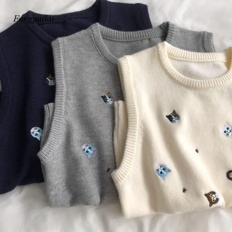 

Женский вязаный жилет в стиле преппи с вышивкой кошки, корейская мода, осень-зима, без рукавов, с круглым вырезом, пуловер, топ